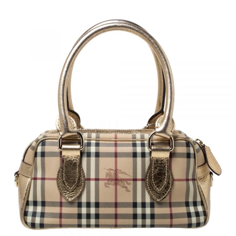Burberry Gold/Beige Haymarket Check PVC and Patent Leather Bowler Bag
